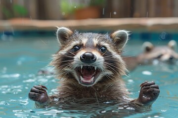 A delighted raccoon appears to be enjoying its time in a pool with paws up and mouth open, making a...