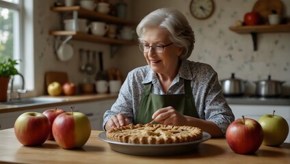 A cozy kitchen scene where a grandmother is teaching her grandchild how to make apple pie, with freshly picked apples on the table Generative AI - obrazy, fototapety, plakaty