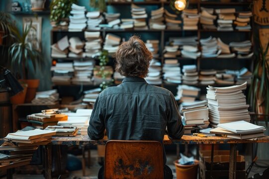 A contemplative individual, possibly a book aficionado or writer, is surrounded by orderly stacks of books