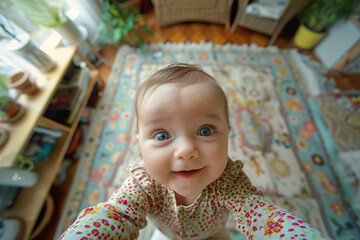 A baby taking selfie with happy face