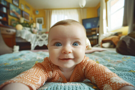 A baby taking selfie with happy face