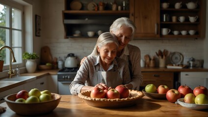 A cozy kitchen scene where a grandmother is teaching her grandchild how to make apple pie, with freshly picked apples on the table Generative AI