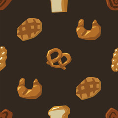 Seamless pattern of various bread types. Waffles, loaf, baguette, pretzel, croissant and other baked goods. - 787119471