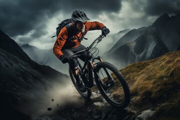 A cyclist rushes at high speed along a mountain path on a mountain bike against the background of mountains