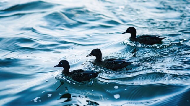 Black coots swimming on water with blue waves