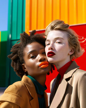 Close-up of a glamorous female model with artistic makeup. Attractive woman with bold makeup on colorful background.