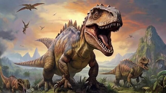 Giganotosaurus Dinosaur Roaring in a Prehistoric Landscape with Pterosaurs