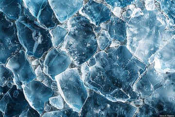 Close-up view of a deeply blue-hued icy surface, portraying a cool, abstract pattern of cracks and textures - obrazy, fototapety, plakaty