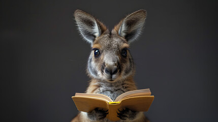 Cute Baby Kangaroo Sitting and Reading Book - obrazy, fototapety, plakaty