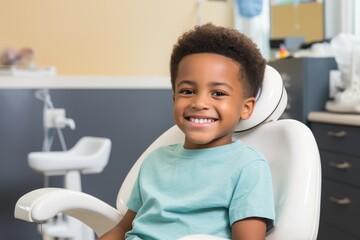 African American boy sitting in a dental chair and smiling
