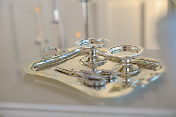 Elegant Silver or Metal Bathroom Accessories Arranged on a Tray, Featuring Modern and Minimalist...