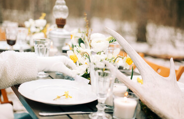 Fototapeta premium Food and drinks on banquet table