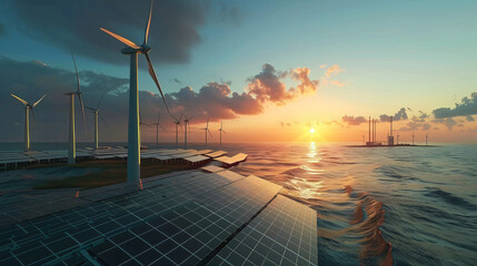 Sunset view of solar panels and wind turbines on coast - obrazy, fototapety, plakaty