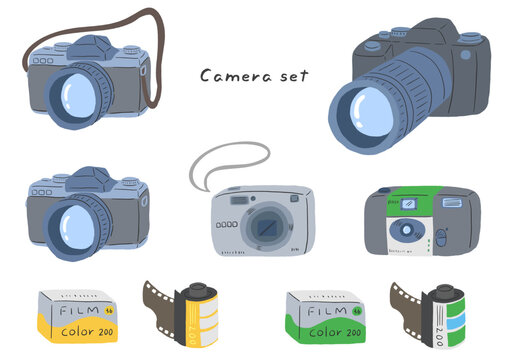 Various cameras, single-lens reflex cameras, disposable cameras, digital cameras, film, hand drawn simple illustration set / いろいろなカメラ、一眼レフ、使い捨てカメラ、デジカメ、フィルム、手描きのシンプルなイラストセット
