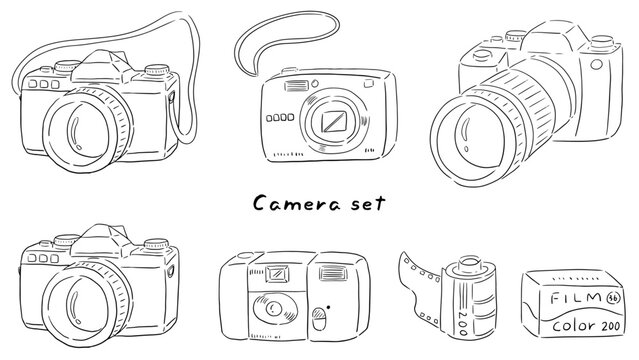 Various cameras, single-lens reflex cameras, disposable cameras, digital cameras, film, hand drawn simple line drawing illustration set / いろいろなカメラ、一眼レフ、使い捨てカメラ、デジカメ、フィルム、手描きのシンプルな線画イラストセット