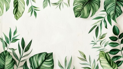 Hand drawn green exotic leaves border frame background with place for text. Ecology, healthy environment, nature, decoration, beauty product concept design backdrop