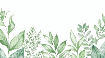 Fototapeta premium Eco-friendly hand drawn border green leaves background with place for text. Ecology, healthy environment, nature, decoration, beauty product concept design backdrop