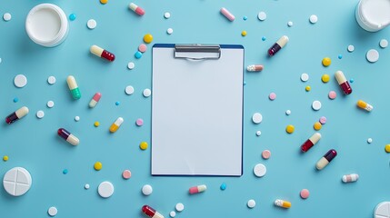Blank medical clipboard with pills and capsules spilling out from a glass bottle.