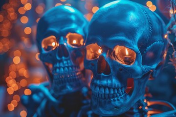 A pair of skeletons bathed in blue light, creating a warm yet chilling scene - obrazy, fototapety, plakaty
