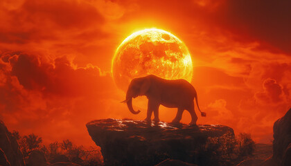 The silhouette of an elephant standing on a rocky ledge against a fiery sunset creates a dramatic and majestic scene in the desert. Beauty in nature and animals natural wildlife habitat concept. - obrazy, fototapety, plakaty