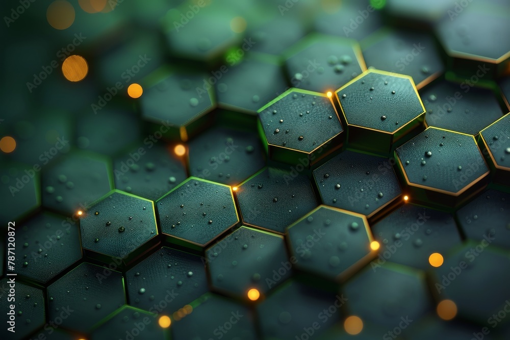 Poster close-up of hexagonal tiles with water droplets, illuminated by golden light creating a sense of nat