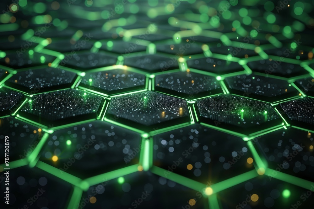 Poster a dynamic field of connected hexagons glowing in shades of emerald green, portraying concepts of net