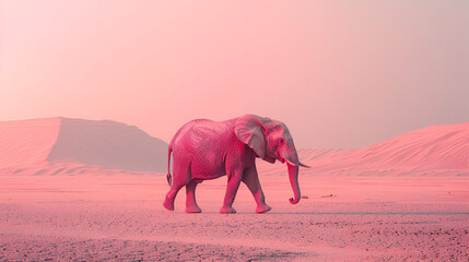 An abstract minimal landscape with a pastel pink wild elephant gracefully hopping across the desert, generative Ai - obrazy, fototapety, plakaty