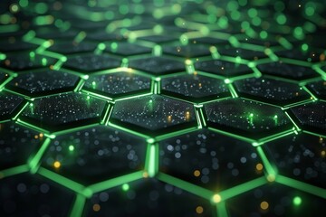 A dynamic field of connected hexagons glowing in shades of emerald green, portraying concepts of networking and advanced technology