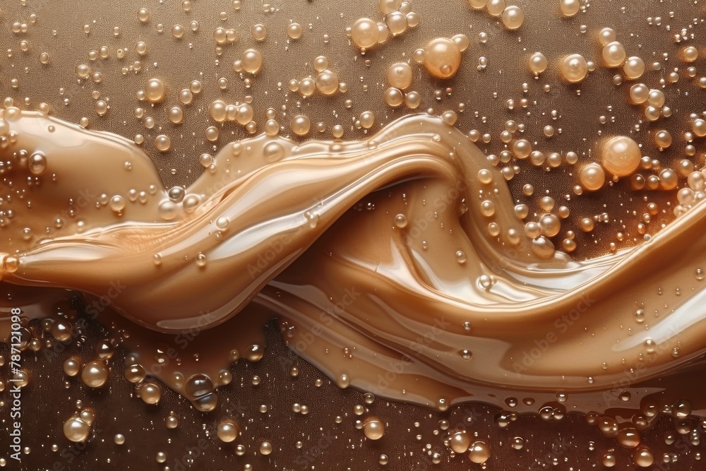 Poster a high-quality image capturing the dynamic movement of a brown, viscous liquid with bubbles and ripp