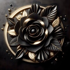 Metal black and gold onyx black rose petals on black and gold, make free space for adding text, high detailed, HDR, HIGH-RES