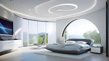  Modern Luxury Bedroom with Panoramic Nature View and Futuristic Design.