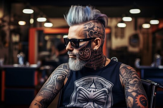A brutal man with a mohawk and tattoos sits at a reception in a barbershop