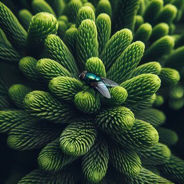 Vibrant Green Spruce Tips with a Glistening Blue Fly Capturing
