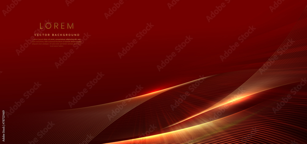 Poster abstract elegant red background with golden curved lines and lighting effect sparkle. luxury templat