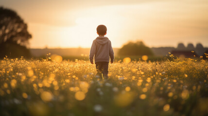 little child walking on field at sunset