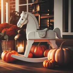Vintage Rocking Horse Amidst Pumpkins, candle Light Illuminating Cozy, Warm Atmosphere - Perfect for Fall Decor Inspiration