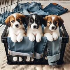 Adorable Puppies in a Basket, Surrounded by Denim Clothing, Expressing Innocence and Playfulness, Perfect for Pet Lovers and Denim Enthusiasts Alike
