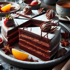 Delicious Layered Chocolate Cake with Fresh Berries, Aromatic Spices, and Artistic Chocolate Decorations on a Setting, Perfect for Celebrations