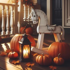 Enchanting Autumn Evening with Vintage Wooden Rocking Horse Amidst Glowing Pumpkins and a Warm Lantern Light on a Cozy Porch