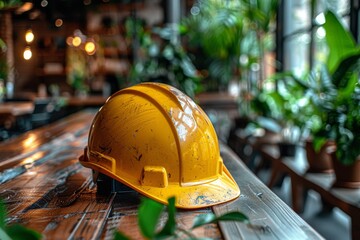 A vivid yellow construction helmet placed on a polished wooden surface among indoor plants, signifying safety - obrazy, fototapety, plakaty