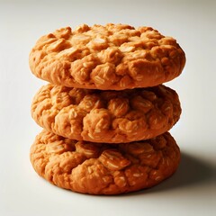 Golden Oat Crunch Delights: A Stack of Three Freshly Baked, Crispy, and Delicious Oatmeal Cookies with Visible Flakes and Textured Surface