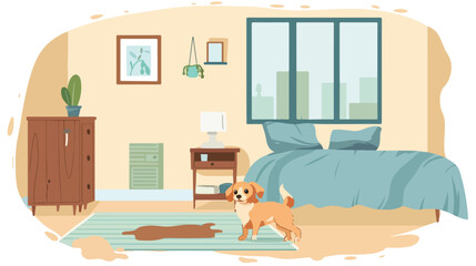 Adorable dog near damp spot on bed inside the room 