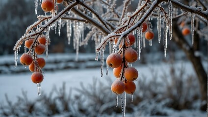 A frost-covered fruit tree in winter, with icicles hanging from its branches Generative AI