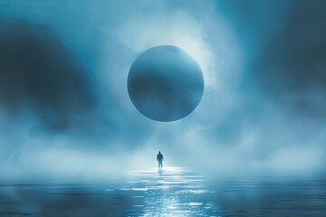 a very realistic art of a silhouette of a person standing in the dark with his shadow appearing on the black ground in front of a big full dark moon covered with fog and clouds at night