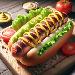 Delicious Grilled Hotdog with Fresh Vegetables and Condiments on a Wooden Board