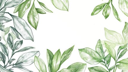 Fototapeta premium Eco-friendly hand drawn border green leaves background with place for text. Ecology, healthy environment, nature, decoration, beauty product concept design backdrop