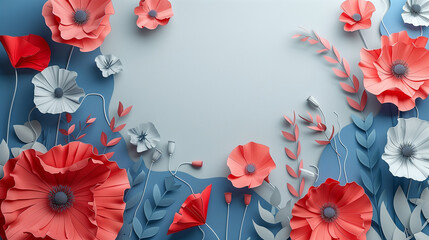 Red poppy border frame for memorial's day - obrazy, fototapety, plakaty