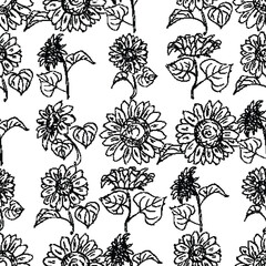 A textile featuring a seamless pattern of black and white flowers on a white background. Outline vector floral background. Sunflowers sketchy print - 787122063