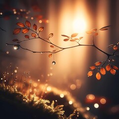 Golden Hour Brilliance: Dew-Kissed Leaves and Sparkling Grass Under the Warm, Radiant Sunlight Illuminating Nature’s Tranquility and Beauty - obrazy, fototapety, plakaty