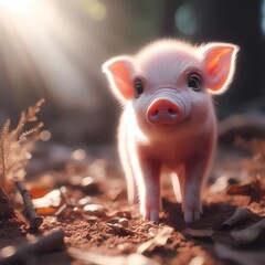 Adorable Blurred Piglet Exploring Nature, Warm Sunlight Enhancing the Soft Fur and Whiskers, Perfect for Themes of Pets, Innocence, Exploration, and Beauty